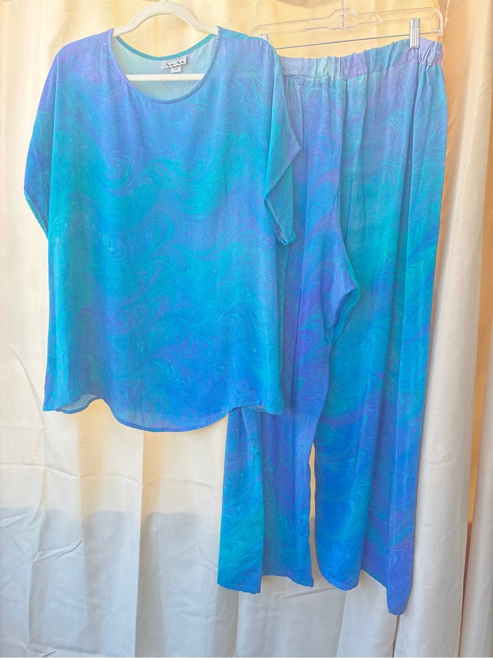 Susan Marling Handmade Original 100% Silk Marbled Top & Pants 2 piece Set